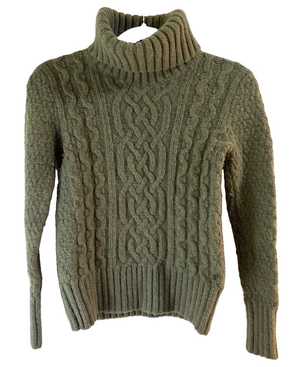 Eddie Bauer Womens Medium Lambs Wool Cable Knit Turtleneck Sweater Green